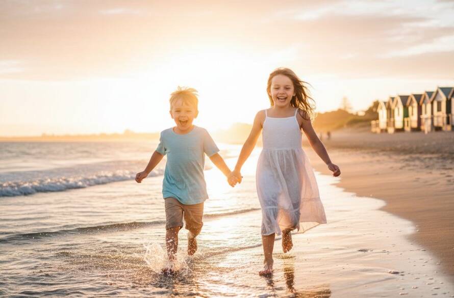 A professional photograph of Bonbeach kids photography capturing authentic moments, showing two siblings laughing joyfully as they run through the shallow waves at Bonbeach foreshore, golden hour light backlighting their playful sprint, creating an epic, heartwarming scene.