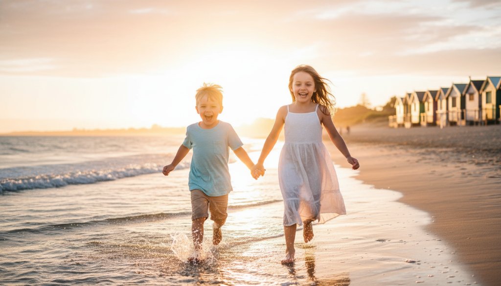 A professional photograph of Bonbeach kids photography capturing authentic moments, showing two siblings laughing joyfully as they run through the shallow waves at Bonbeach foreshore, golden hour light backlighting their playful sprint, creating an epic, heartwarming scene.