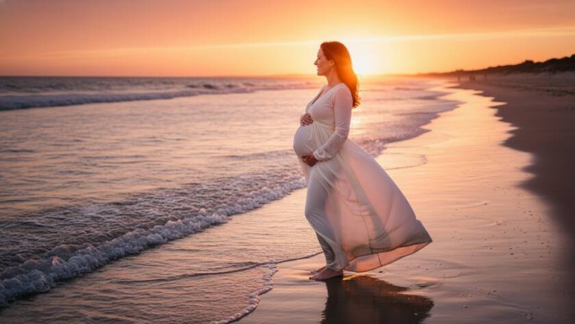 An expectant mother, glowing and serene, during a Bonbeach maternity photography sunset beach session. She stands gracefully by the water's edge at golden hour, silhouetted slightly against a vibrant, fiery sunset, with gentle waves lapping at her feet, capturing an epic moment of anticipation and natural beauty.