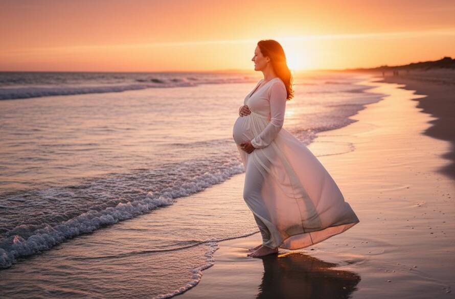 An expectant mother, glowing and serene, during a Bonbeach maternity photography sunset beach session. She stands gracefully by the water's edge at golden hour, silhouetted slightly against a vibrant, fiery sunset, with gentle waves lapping at her feet, capturing an epic moment of anticipation and natural beauty.