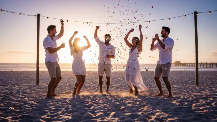 An epic moment from a Bonbeach party photography celebrations captured, showing friends laughing and dancing under twinkling fairy lights near the beach, with dramatic, professional lighting and a joyful atmosphere.