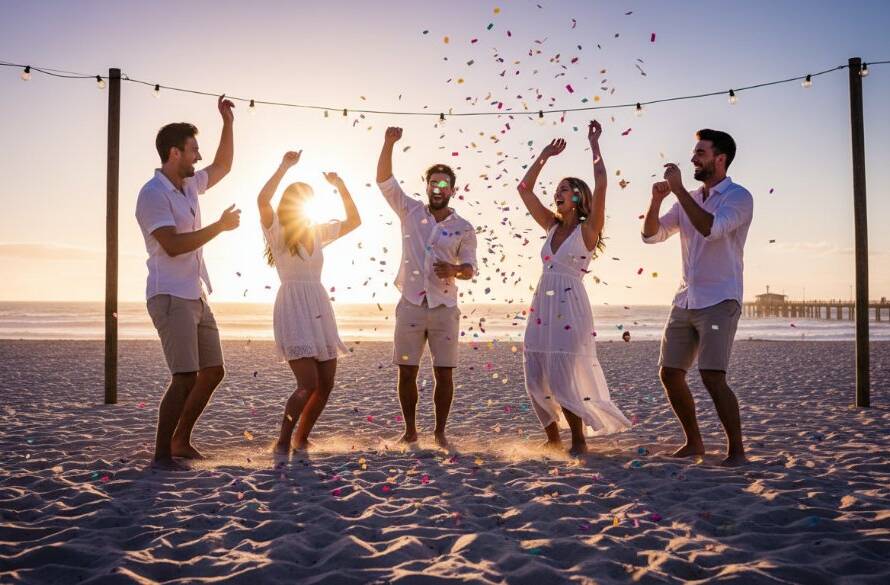 An epic moment from a Bonbeach party photography celebrations captured, showing friends laughing and dancing under twinkling fairy lights near the beach, with dramatic, professional lighting and a joyful atmosphere.