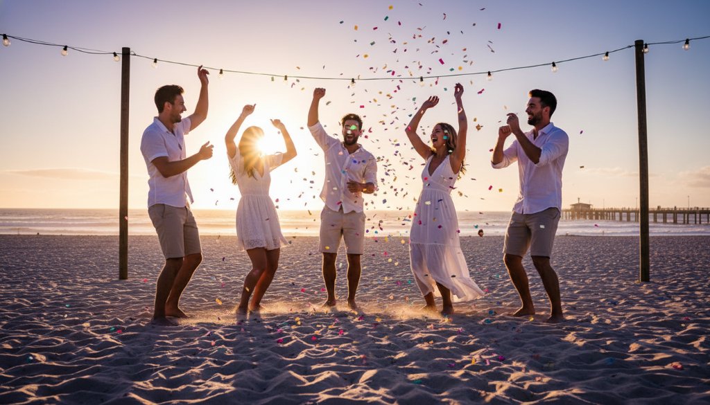 An epic moment from a Bonbeach party photography celebrations captured, showing friends laughing and dancing under twinkling fairy lights near the beach, with dramatic, professional lighting and a joyful atmosphere.