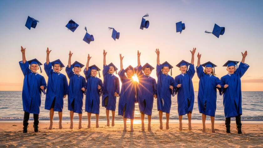 An epic moment captured during Bonbeach primary school graduation photography, showing a group of joyful children in caps and gowns tossing their hats against a vibrant Bonbeach beach sunset, professional cinematic lighting.