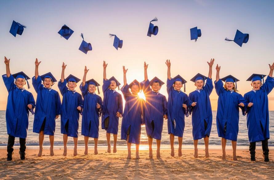 An epic moment captured during Bonbeach primary school graduation photography, showing a group of joyful children in caps and gowns tossing their hats against a vibrant Bonbeach beach sunset, professional cinematic lighting.
