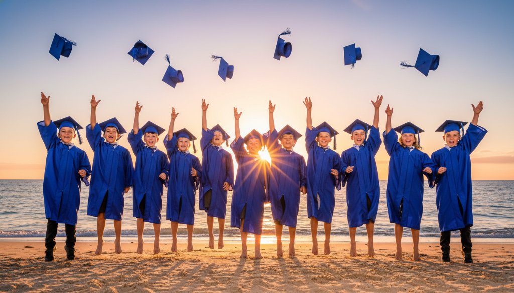 An epic moment captured during Bonbeach primary school graduation photography, showing a group of joyful children in caps and gowns tossing their hats against a vibrant Bonbeach beach sunset, professional cinematic lighting.
