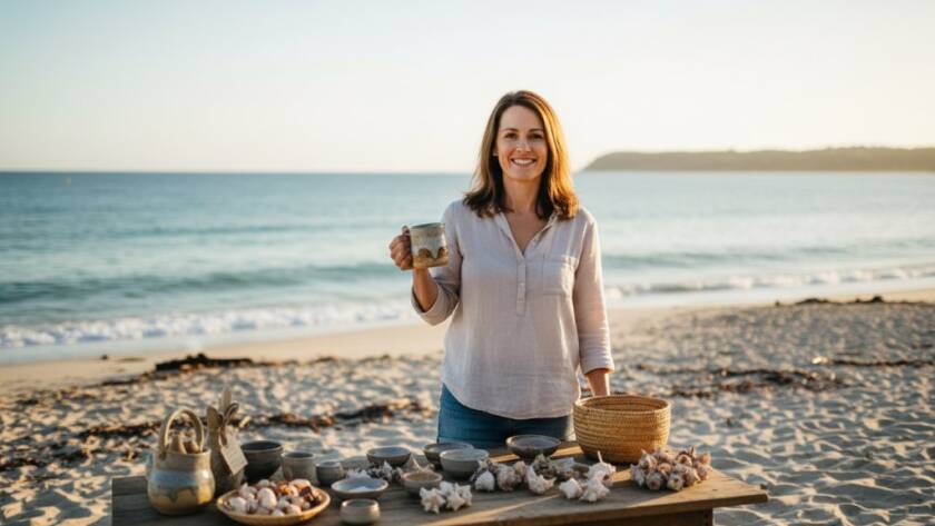 Dynamic Bonbeach Retail Lifestyle Photography Solutions capturing a vibrant local boutique owner proudly presenting unique handcrafted jewellery to a smiling customer on a sun-drenched Bonbeach boardwalk, with the sparkling ocean in the background, showcasing the brand's authentic connection to the coastal community.