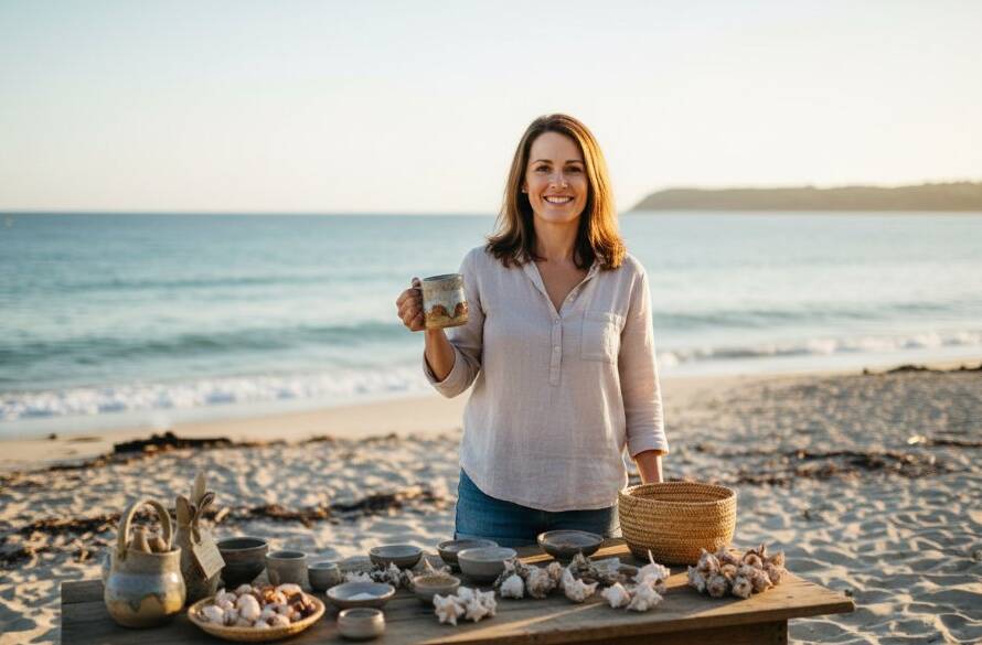 Dynamic Bonbeach Retail Lifestyle Photography Solutions capturing a vibrant local boutique owner proudly presenting unique handcrafted jewellery to a smiling customer on a sun-drenched Bonbeach boardwalk, with the sparkling ocean in the background, showcasing the brand's authentic connection to the coastal community.