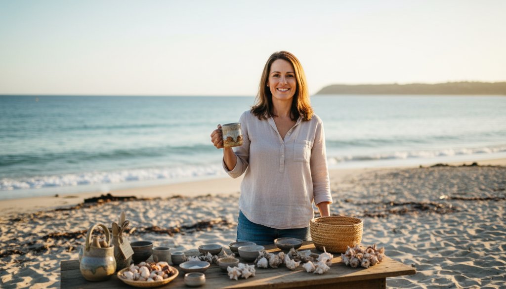 Dynamic Bonbeach Retail Lifestyle Photography Solutions capturing a vibrant local boutique owner proudly presenting unique handcrafted jewellery to a smiling customer on a sun-drenched Bonbeach boardwalk, with the sparkling ocean in the background, showcasing the brand's authentic connection to the coastal community.