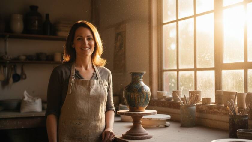 Dramatic shot of a local Ferntree Gully business owner proudly showcasing their artisanal product, lit by a golden hour glow, embodying the 'Boost Ferntree Gully Business with Professional Commercial Photography' theme.
