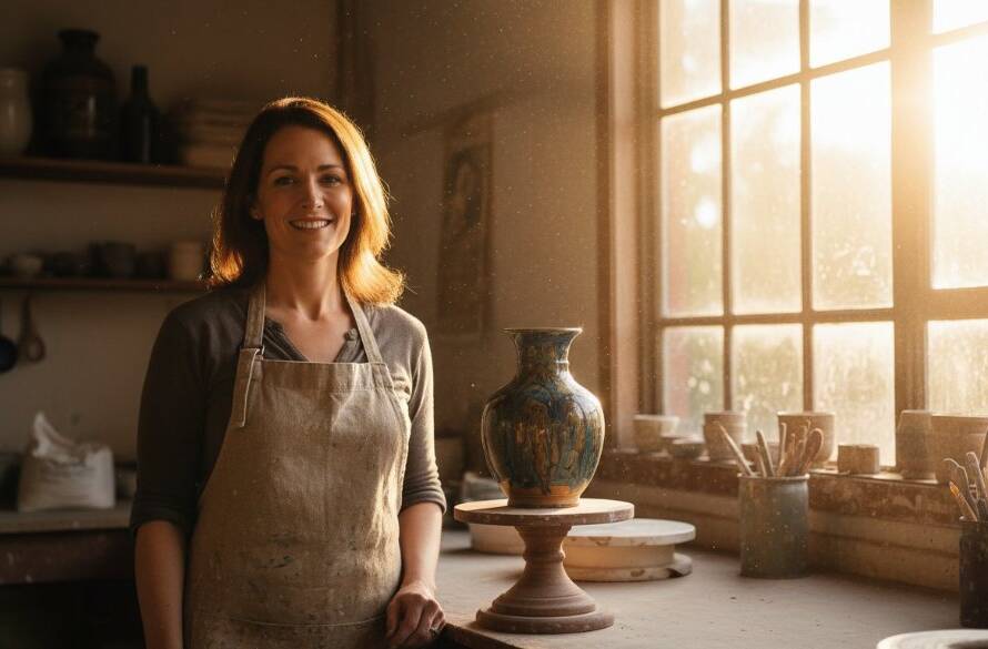 Dramatic shot of a local Ferntree Gully business owner proudly showcasing their artisanal product, lit by a golden hour glow, embodying the 'Boost Ferntree Gully Business with Professional Commercial Photography' theme.