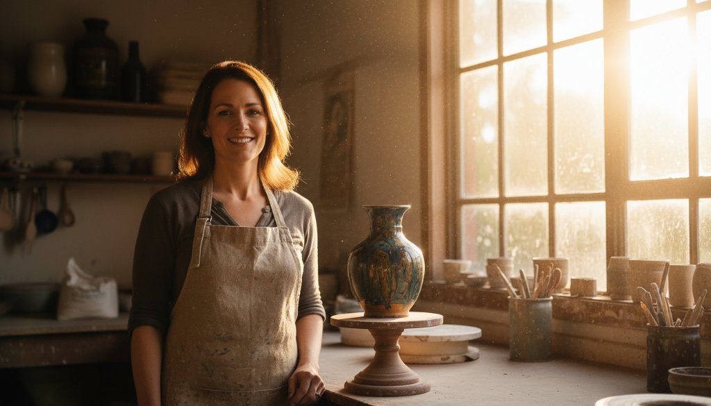 Dramatic shot of a local Ferntree Gully business owner proudly showcasing their artisanal product, lit by a golden hour glow, embodying the 'Boost Ferntree Gully Business with Professional Commercial Photography' theme.