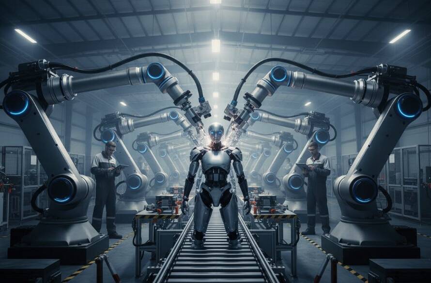 An epic moment captured: a wide-angle, dynamically lit shot of a bustling, modern manufacturing facility in Bayswater, Victoria, showing a team collaborating around a sophisticated piece of machinery, emphasizing the innovation and precision that professional commercial photography can highlight. The scene is bathed in dramatic, cinematic light, with a vibrant colour palette and a shallow depth of field, showcasing the meticulous detail and high-quality output of the industrial process, truly Boosting Bayswater Businesses with Professional Commercial Photography.