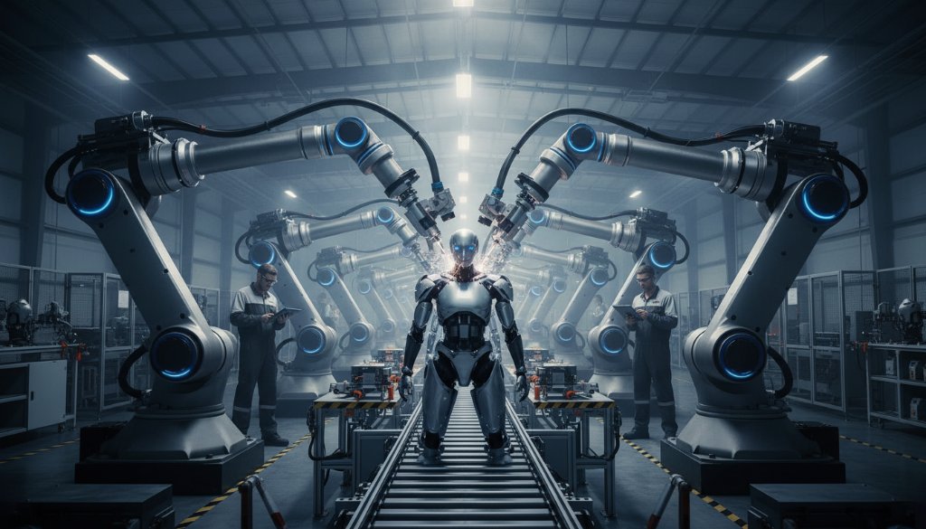 An epic moment captured: a wide-angle, dynamically lit shot of a bustling, modern manufacturing facility in Bayswater, Victoria, showing a team collaborating around a sophisticated piece of machinery, emphasizing the innovation and precision that professional commercial photography can highlight. The scene is bathed in dramatic, cinematic light, with a vibrant colour palette and a shallow depth of field, showcasing the meticulous detail and high-quality output of the industrial process, truly Boosting Bayswater Businesses with Professional Commercial Photography.