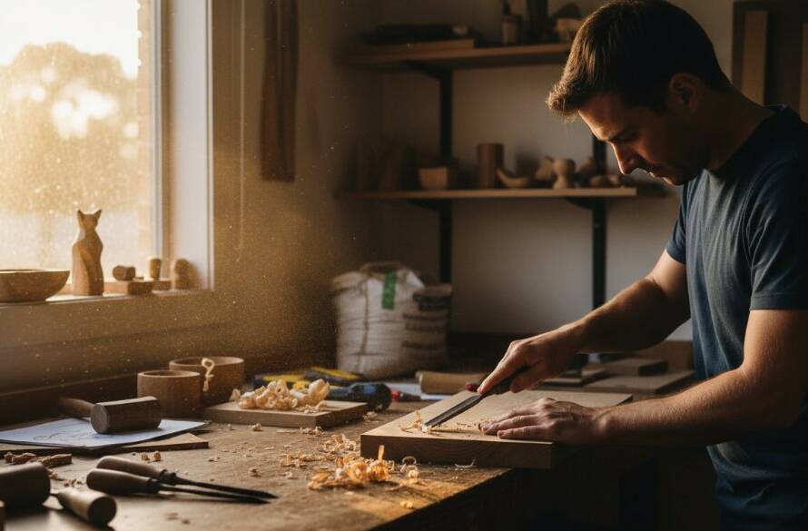 An epic, dramatically lit photograph capturing a vibrant local small business owner in Knoxfield proudly showcasing their artisanal products, symbolising the impact of boosting Knoxfield businesses with striking commercial photography.