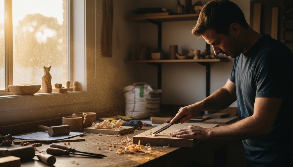An epic, dramatically lit photograph capturing a vibrant local small business owner in Knoxfield proudly showcasing their artisanal products, symbolising the impact of boosting Knoxfield businesses with striking commercial photography.