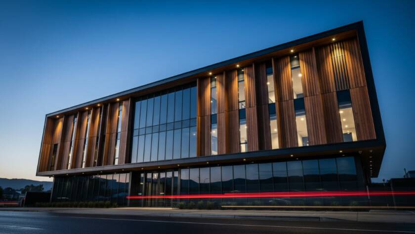 Dramatic evening shot showcasing the intricate facade of a modern commercial building in Boronia, Victoria, bathed in the golden hour light, captured with expert Boronia architectural photography modern commercial techniques.