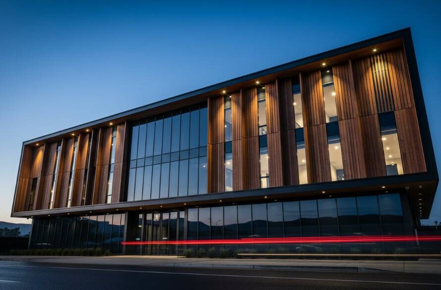 Dramatic evening shot showcasing the intricate facade of a modern commercial building in Boronia, Victoria, bathed in the golden hour light, captured with expert Boronia architectural photography modern commercial techniques.