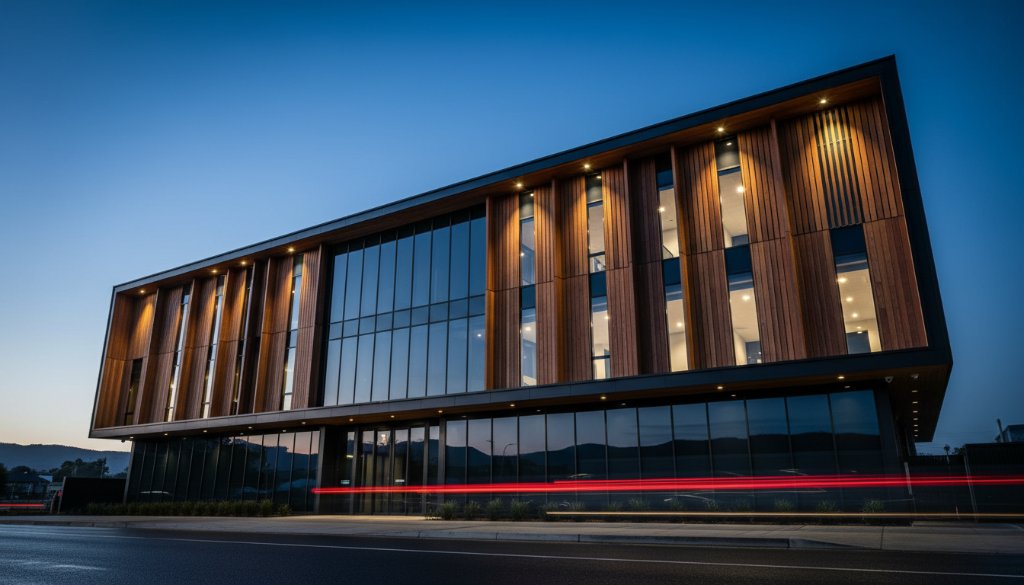 Dramatic evening shot showcasing the intricate facade of a modern commercial building in Boronia, Victoria, bathed in the golden hour light, captured with expert Boronia architectural photography modern commercial techniques.