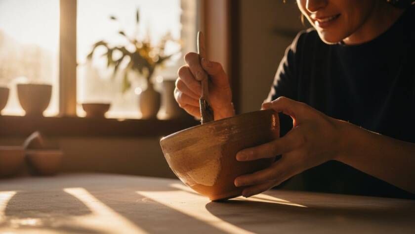 A dynamic, high-contrast photograph of a local Boronia artisan carefully arranging their handmade ceramic products on a rustic wooden table, bathed in dramatic golden hour light, showcasing the exquisite detail and texture. This highlights the unique appeal of a Boronia artisanal product photography studio.