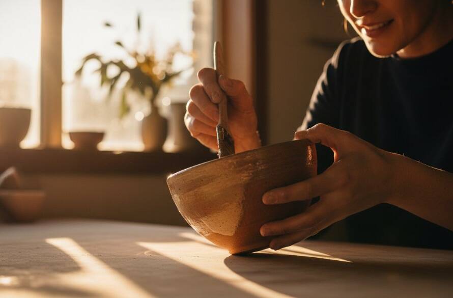 A dynamic, high-contrast photograph of a local Boronia artisan carefully arranging their handmade ceramic products on a rustic wooden table, bathed in dramatic golden hour light, showcasing the exquisite detail and texture. This highlights the unique appeal of a Boronia artisanal product photography studio.