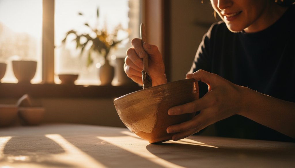 A dynamic, high-contrast photograph of a local Boronia artisan carefully arranging their handmade ceramic products on a rustic wooden table, bathed in dramatic golden hour light, showcasing the exquisite detail and texture. This highlights the unique appeal of a Boronia artisanal product photography studio.