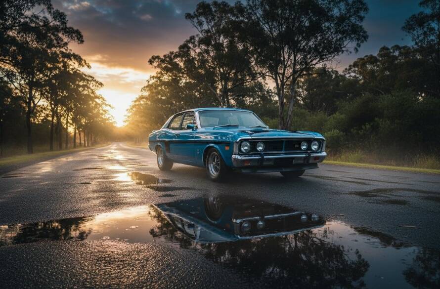 An epic, dramatically lit shot of a classic muscle car parked on a quiet, tree-lined street in Boronia at dusk, showcasing its sleek lines and chrome, embodying the spirit of Boronia bespoke automotive photography portraits.