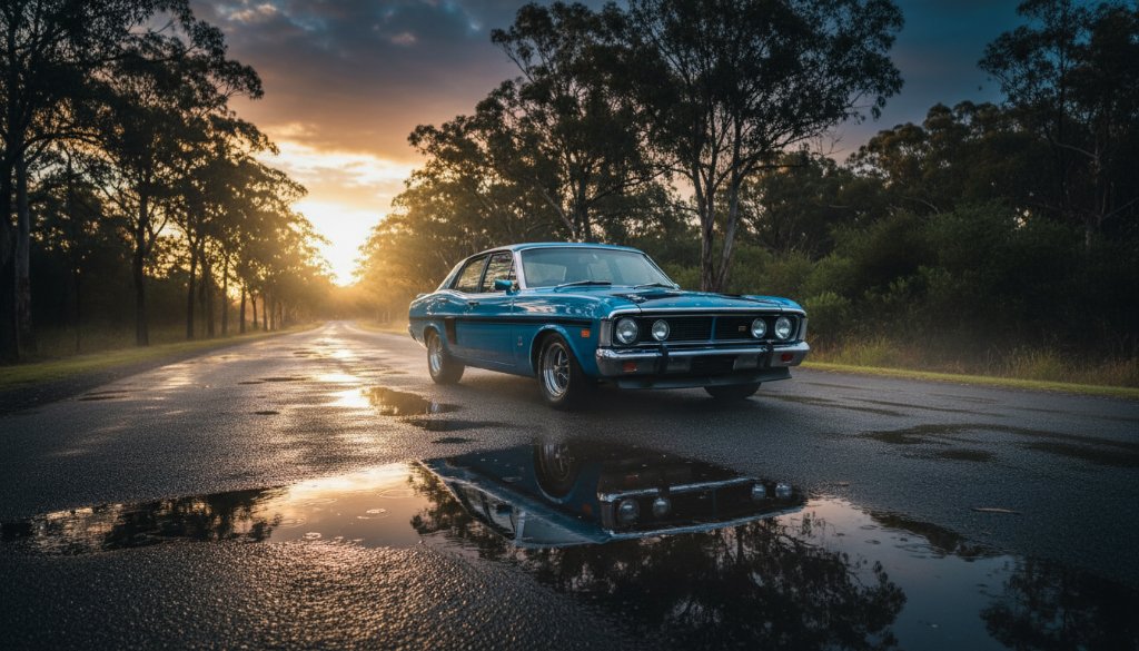 An epic, dramatically lit shot of a classic muscle car parked on a quiet, tree-lined street in Boronia at dusk, showcasing its sleek lines and chrome, embodying the spirit of Boronia bespoke automotive photography portraits.