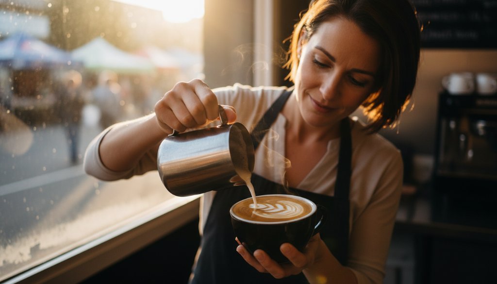 An epic moment captured in Boronia business brand photography services: a local artisan, mid-action, passionately crafting bespoke pottery in their sunlit Boronia studio, dramatic cinematic lighting highlighting their focused expression and the intricate details of their work, with native Australian plants subtly blurred in the background, showcasing the vibrant local business spirit.