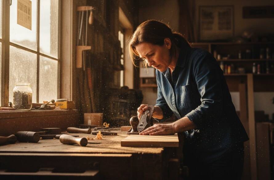 An intensely focused timber artisan meticulously crafting a wooden piece in a sun-drenched Boronia workshop, showcasing the dedication inherent in Boronia Commercial Photography: Elevating Local Business Visuals and local craftsmanship.