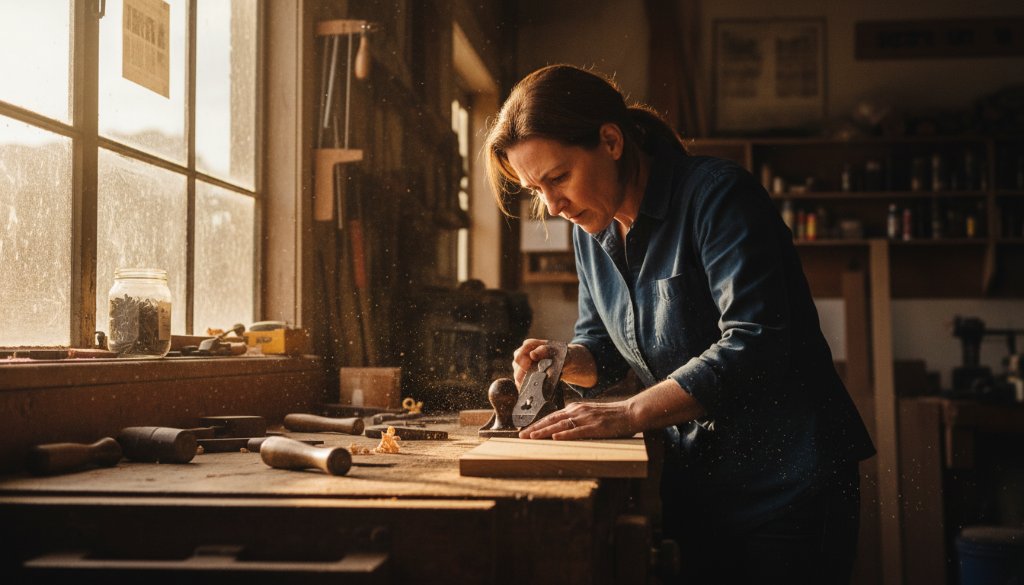 An intensely focused timber artisan meticulously crafting a wooden piece in a sun-drenched Boronia workshop, showcasing the dedication inherent in Boronia Commercial Photography: Elevating Local Business Visuals and local craftsmanship.