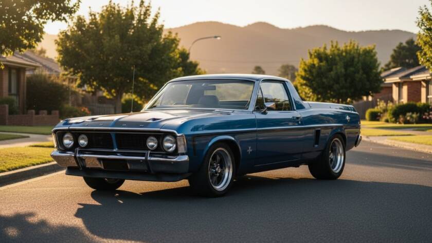 Gleaming custom vintage car under dramatic golden hour light on a quiet Boronia street, showcasing expert Boronia custom car photography dramatic flair, with distant Dandenong Ranges.
