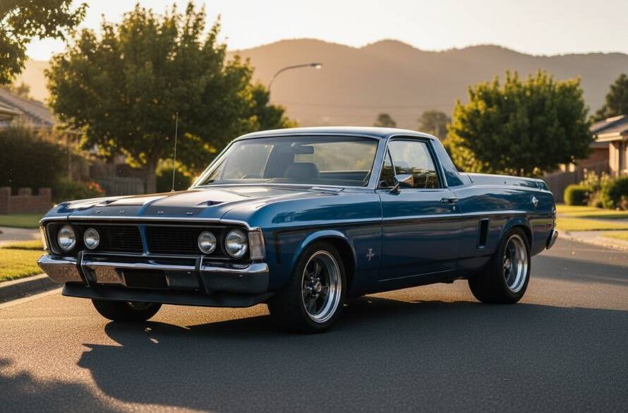 Gleaming custom vintage car under dramatic golden hour light on a quiet Boronia street, showcasing expert Boronia custom car photography dramatic flair, with distant Dandenong Ranges.