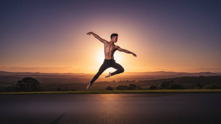 An epic moment captured in a Boronia dance photography artistic portrait, featuring a dancer in dynamic mid-air leap, silhouetted against a dramatic sunset over a Boronia park, showcasing grace and strength with professional lighting and colour grading.