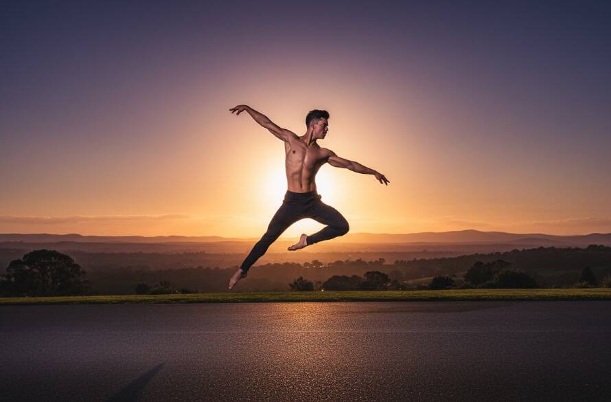 An epic moment captured in a Boronia dance photography artistic portrait, featuring a dancer in dynamic mid-air leap, silhouetted against a dramatic sunset over a Boronia park, showcasing grace and strength with professional lighting and colour grading.