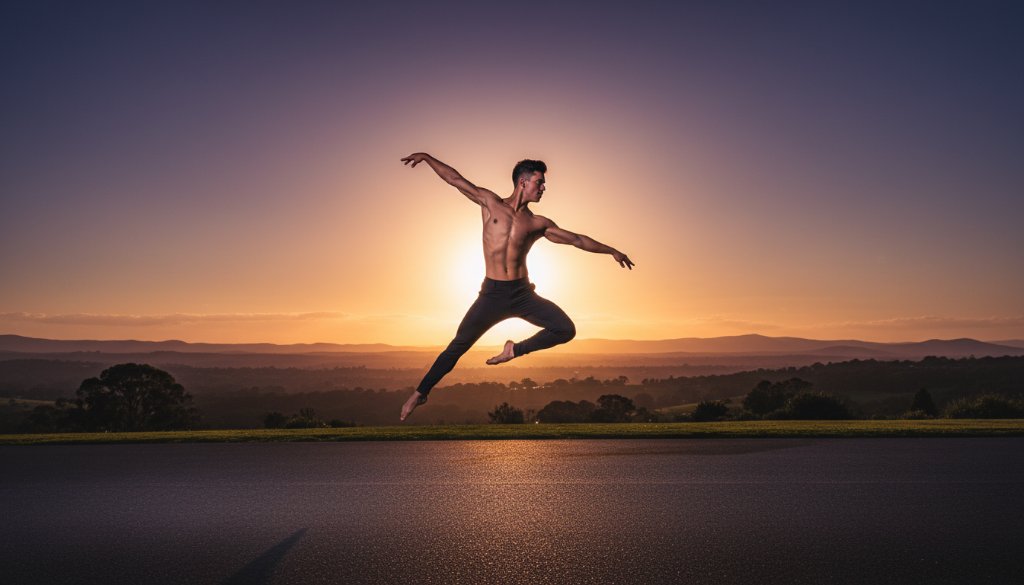 An epic moment captured in a Boronia dance photography artistic portrait, featuring a dancer in dynamic mid-air leap, silhouetted against a dramatic sunset over a Boronia park, showcasing grace and strength with professional lighting and colour grading.