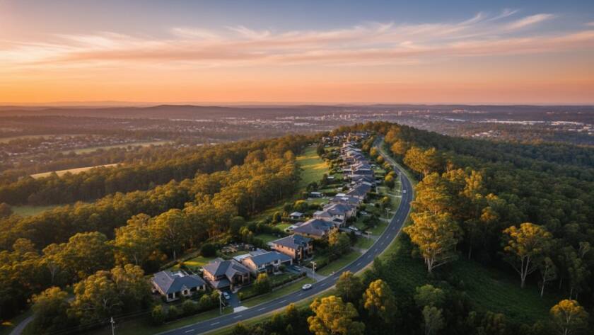 An epic drone shot capturing the lush greenery of Boronia, Victoria, with suburban homes nestled amongst the trees at sunset, showcasing stunning Boronia drone photography for breathtaking views, with warm golden light illuminating the landscape.