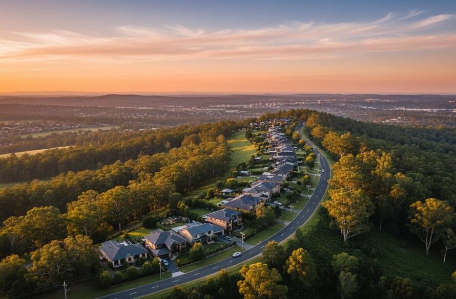An epic drone shot capturing the lush greenery of Boronia, Victoria, with suburban homes nestled amongst the trees at sunset, showcasing stunning Boronia drone photography for breathtaking views, with warm golden light illuminating the landscape.
