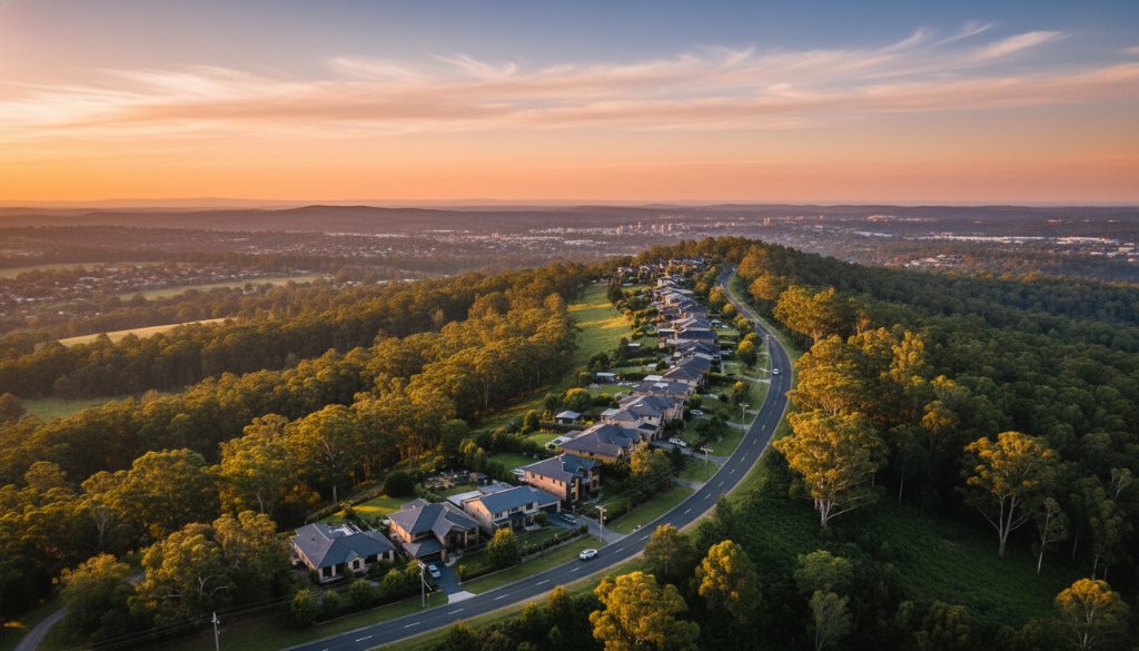 An epic drone shot capturing the lush greenery of Boronia, Victoria, with suburban homes nestled amongst the trees at sunset, showcasing stunning Boronia drone photography for breathtaking views, with warm golden light illuminating the landscape.