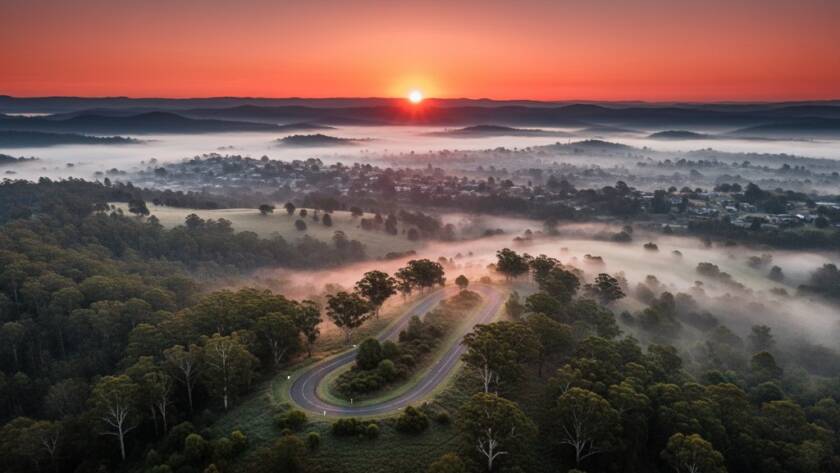 An awe-inspiring aerial view showcasing the Dandenong Ranges near Boronia at sunrise, captured by professional Boronia drone photography for epic landscape captures, with golden light illuminating the misty valleys and distant city skyline.
