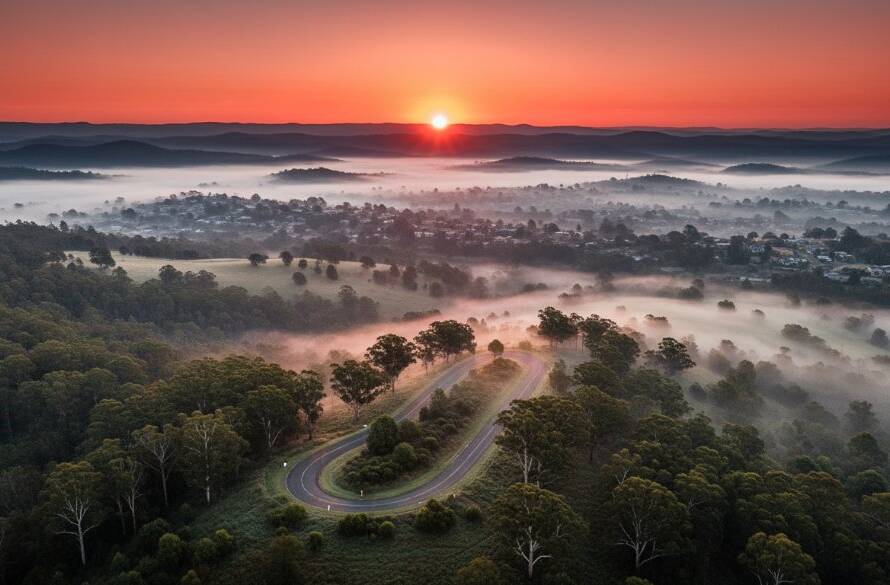 An awe-inspiring aerial view showcasing the Dandenong Ranges near Boronia at sunrise, captured by professional Boronia drone photography for epic landscape captures, with golden light illuminating the misty valleys and distant city skyline.