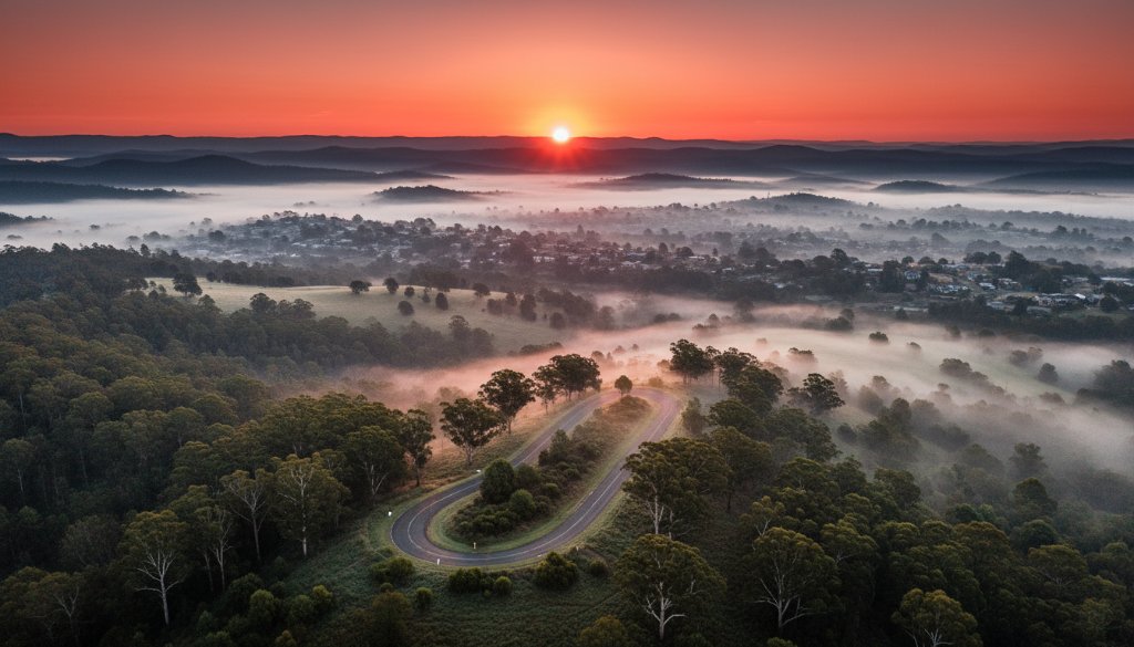 An awe-inspiring aerial view showcasing the Dandenong Ranges near Boronia at sunrise, captured by professional Boronia drone photography for epic landscape captures, with golden light illuminating the misty valleys and distant city skyline.