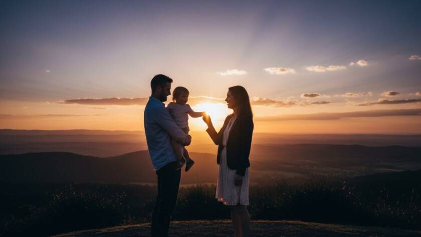 An emotionally resonant Boronia fine art photography capturing unique stories, featuring a young mother and child silhouetted against a dramatic sunset over Dandenong Ranges, evoking a sense of timeless love and hope, professionally colour-graded.