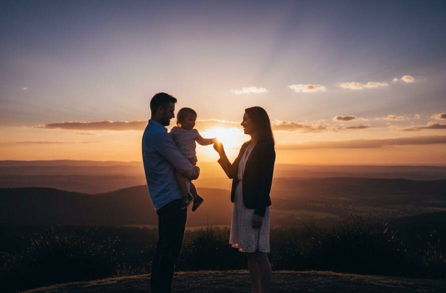 An emotionally resonant Boronia fine art photography capturing unique stories, featuring a young mother and child silhouetted against a dramatic sunset over Dandenong Ranges, evoking a sense of timeless love and hope, professionally colour-graded.
