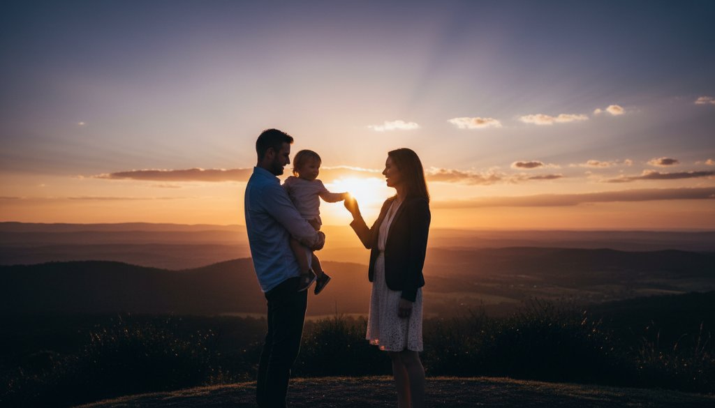 An emotionally resonant Boronia fine art photography capturing unique stories, featuring a young mother and child silhouetted against a dramatic sunset over Dandenong Ranges, evoking a sense of timeless love and hope, professionally colour-graded.