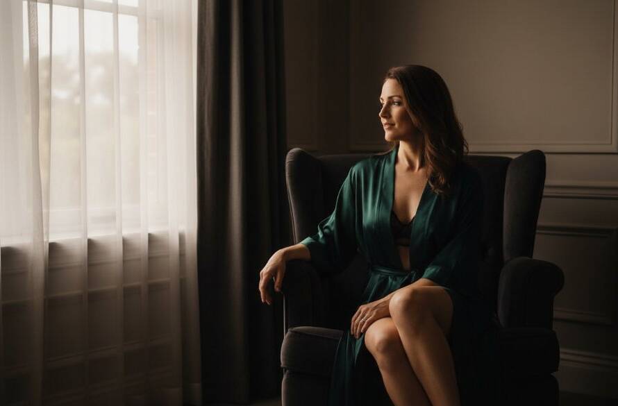 A powerful, dramatically lit portrait from Boronia intimate boudoir photography for empowering confidence, featuring a woman gracefully posing by a window, captured with professional color grading.
