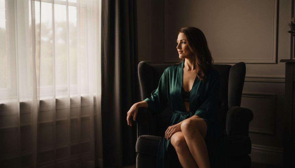 A powerful, dramatically lit portrait from Boronia intimate boudoir photography for empowering confidence, featuring a woman gracefully posing by a window, captured with professional color grading.
