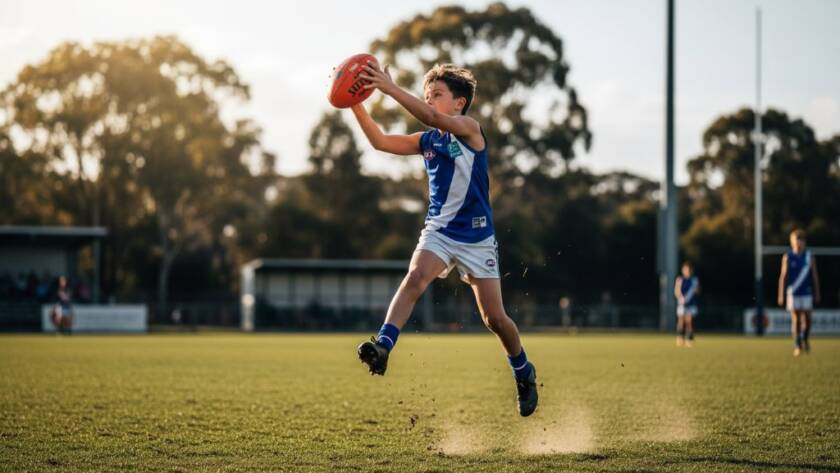 A professional photograph capturing a dynamic, epic moment in Boronia junior sports action photography, showcasing a young athlete mid-action with dramatic lighting and vibrant colours.