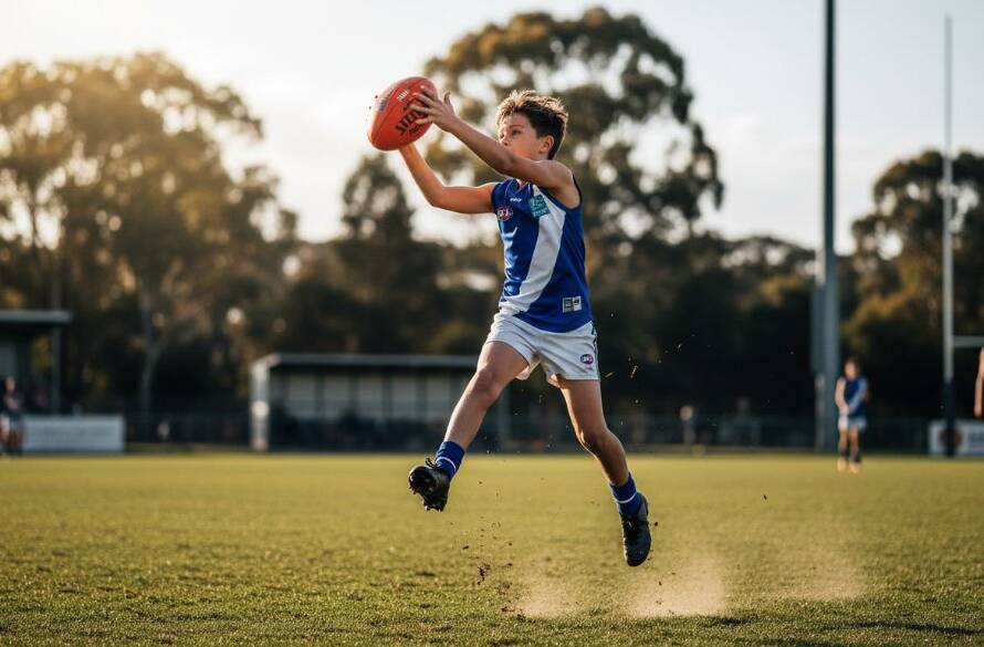 A professional photograph capturing a dynamic, epic moment in Boronia junior sports action photography, showcasing a young athlete mid-action with dramatic lighting and vibrant colours.
