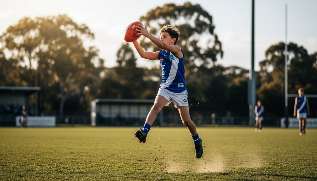 A professional photograph capturing a dynamic, epic moment in Boronia junior sports action photography, showcasing a young athlete mid-action with dramatic lighting and vibrant colours.